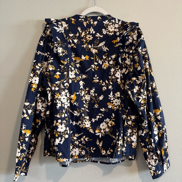 J.Crew Factory Dark Floral Button Up Shirt Ruffle Long Sleeve Office Cotton XXL - Picture 2 of 6